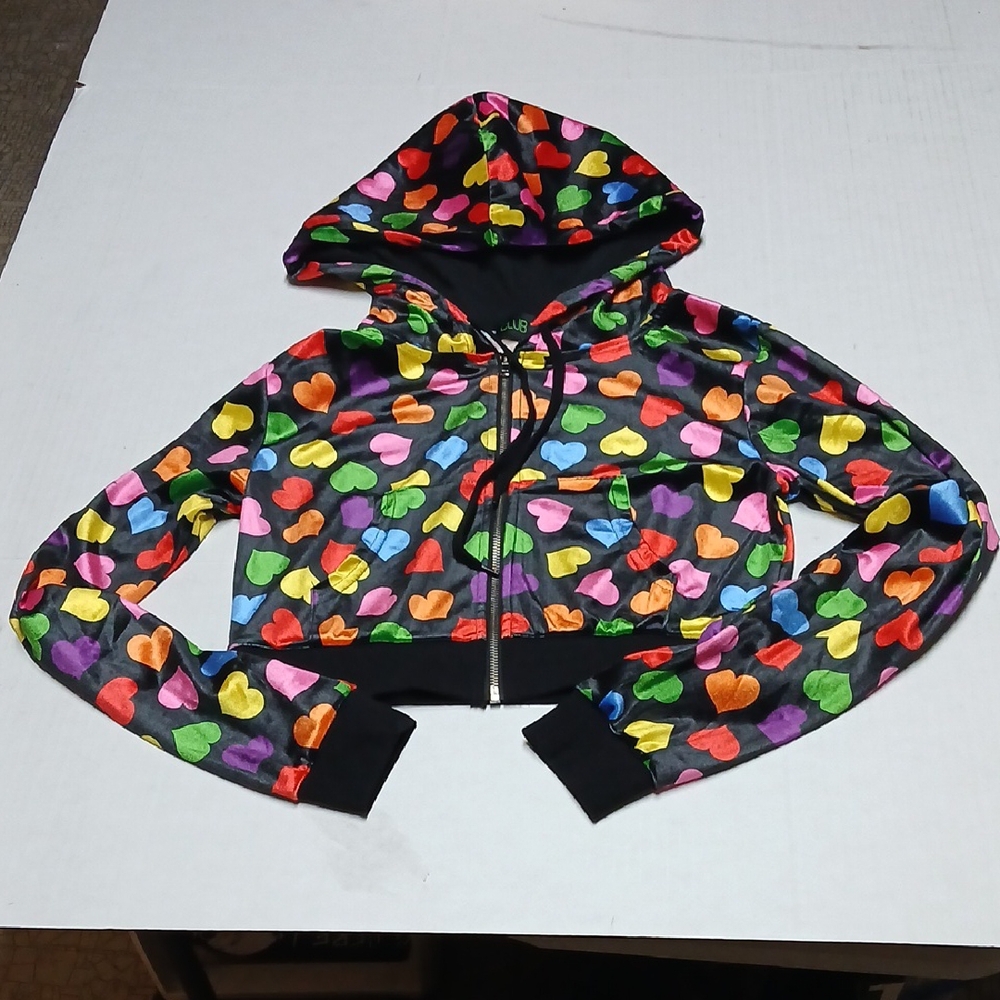 Dolls Kill Club Exx Rainbow Hearts Velour Zip-Up Hoodie Cropped Jacket Size M